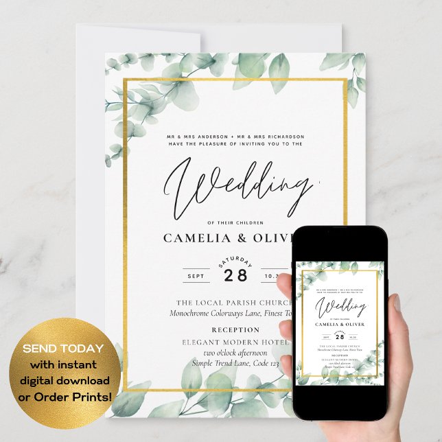 Eucalyptus Greenery Wedding QR CODE Modern Budget Invitation (Creator Uploaded)