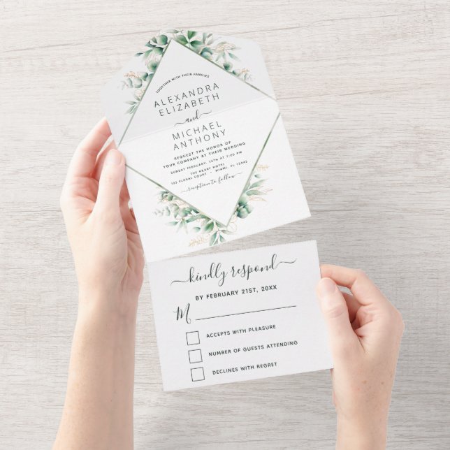 Eucalyptus Greenery Wedding Sage Green All In One Invitation (Tearaway)