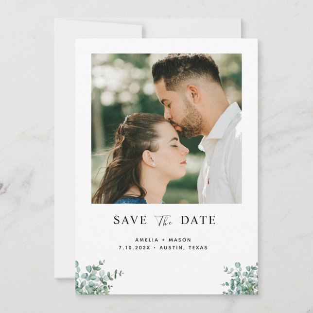 eucalyptus greenery wedding save the date (Front)