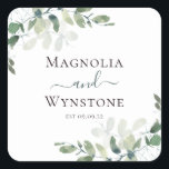 Eucalyptus Greenery Wedding  Square Sticker<br><div class="desc">Set the romantic feel for your wedding day with this modern design featuring watercolor eucalyptus leaves.</div>
