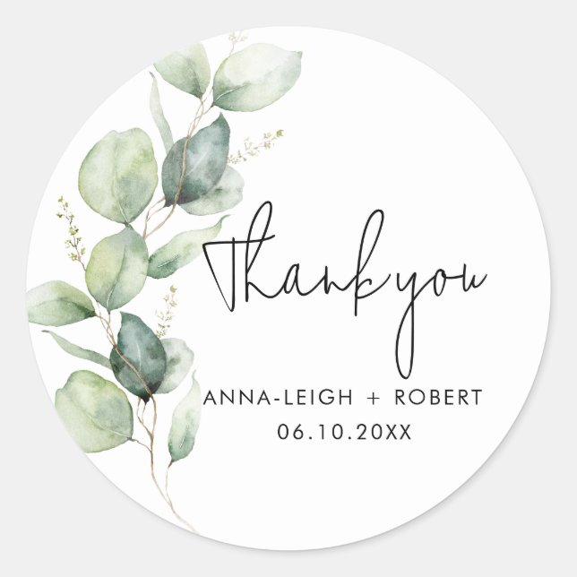 Eucalyptus Greenery Wedding Thank You Classic Round Sticker (Front)