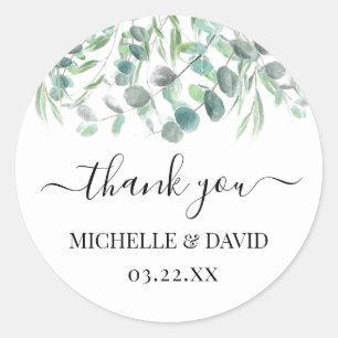 Eucalyptus Greenery Wedding Thank You Name Script Classic Round Sticker