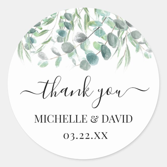 Eucalyptus Greenery Wedding Thank You Name Script Classic Round Sticker (Front)