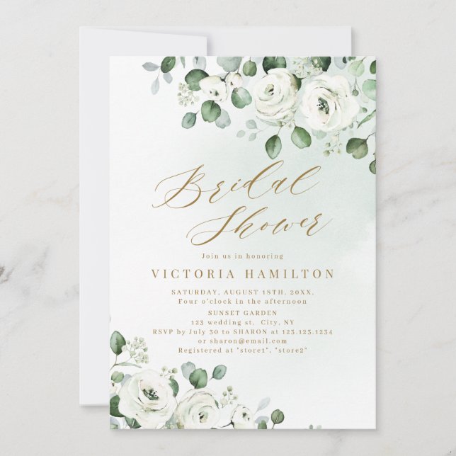 Eucalyptus greenery white floral bridal shower invitation (Front)
