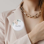 Eucalyptus greenery white floral name tag 1 inch round button<br><div class="desc">A chic white background. Decorated with a white floral,  flower (peony)and green watercolored eucalyptus leaves,  sprigs,  greenery and a faux gold sprig. Personalize and add a name. The name is written with a modern hand lettered style script.</div>