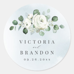 Eucalyptus Greenery white floral rustic monogram Classic Round Sticker