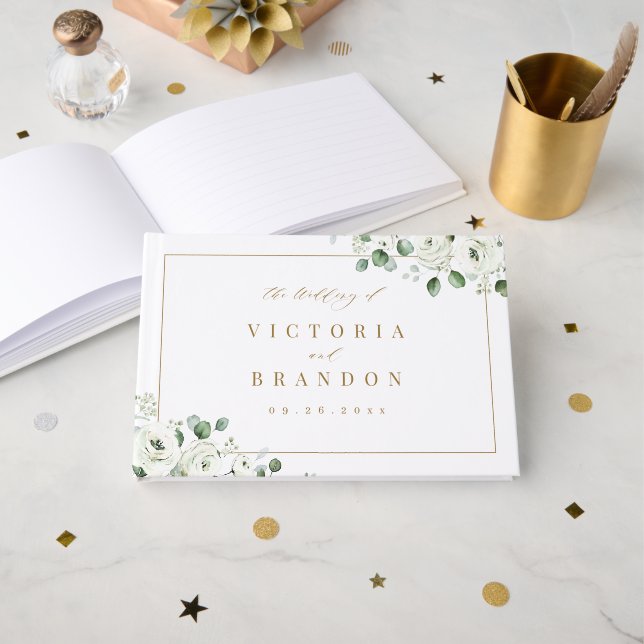 Eucalyptus Greenery white floral rustic wedding Guest Book (Front Open)