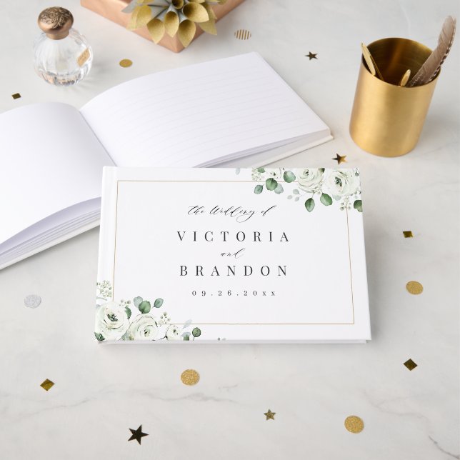 Eucalyptus Greenery white floral rustic wedding Guest Book (Front Open)