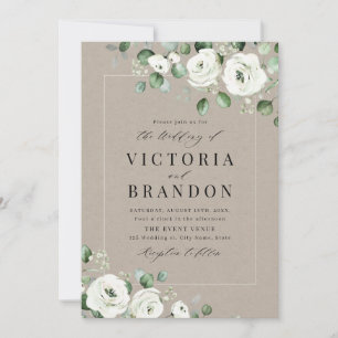 Eucalyptus greenery white floral rustic wedding invitation