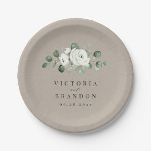 Eucalyptus Greenery white floral rustic wedding Paper Plate