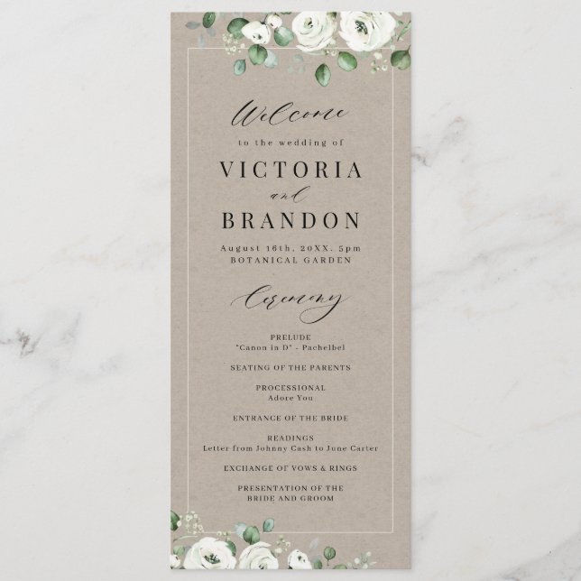 Eucalyptus Greenery white floral rustic wedding Program (Front)