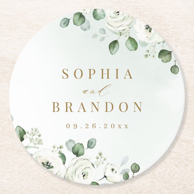 Eucalyptus Greenery white floral rustic wedding Round Paper Coaster (Front)