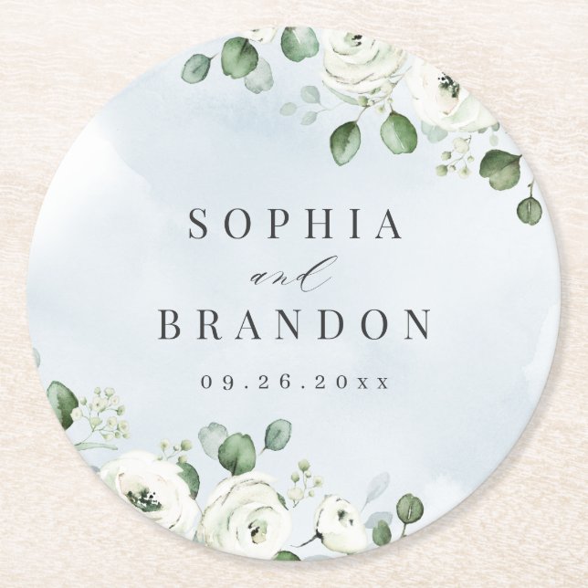Eucalyptus Greenery white floral rustic wedding Round Paper Coaster (Front)
