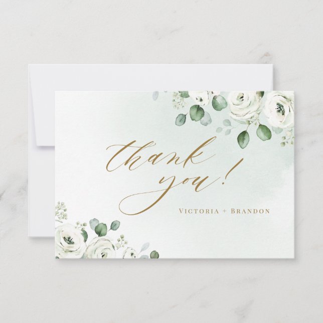 Eucalyptus greenery white floral rustic wedding thank you card (Front)