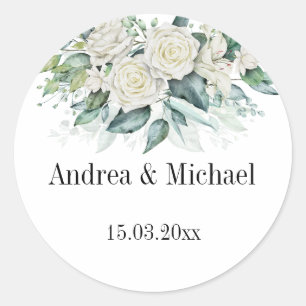 Eucalyptus greenery white roses personalized classic round sticker