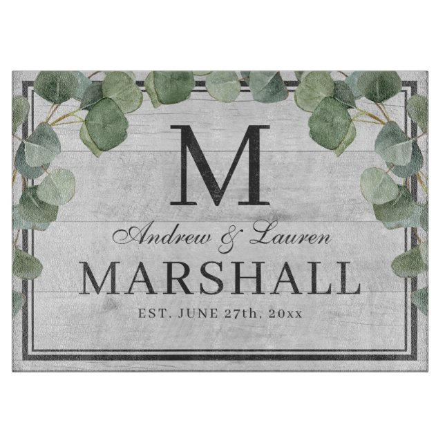 Eucalyptus Greenery White Wood Couple Wedding Gift Cutting Board (Front)