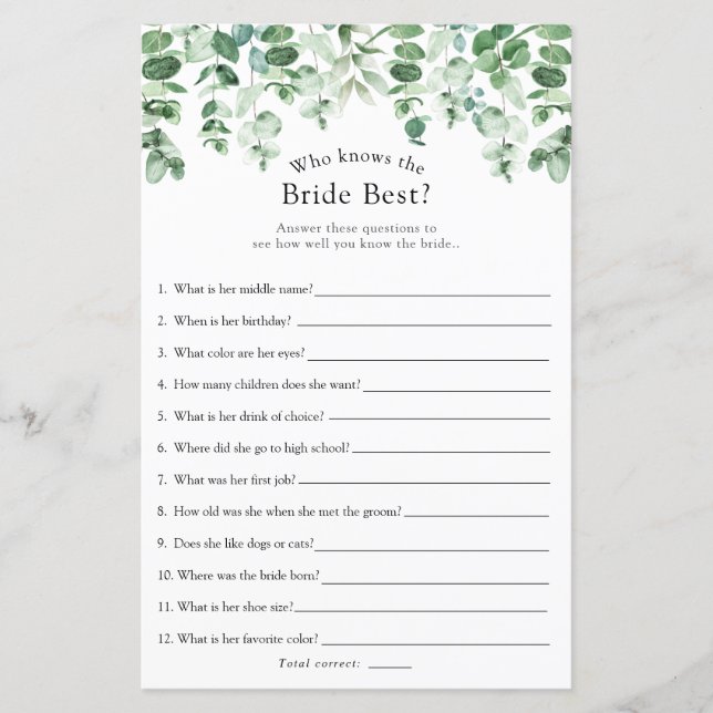 Eucalyptus Greenery Who Knows the Bride Best Game (Front)