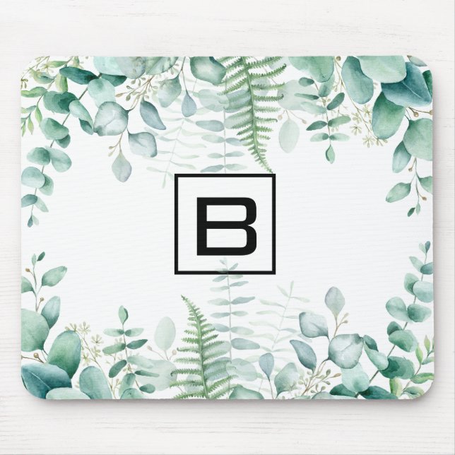 Eucalyptus greenery woodland ferns monogram mouse pad (Front)