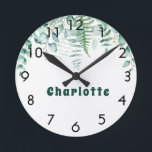 Eucalyptus greenery woodland forest name round clock<br><div class="desc">A white background. Decorated with eucalyptus greenery foliage and woodland fern. Personalize and add a name.</div>