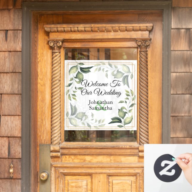 Eucalyptus greenery wreath bridal couple signage window cling (Home Door)