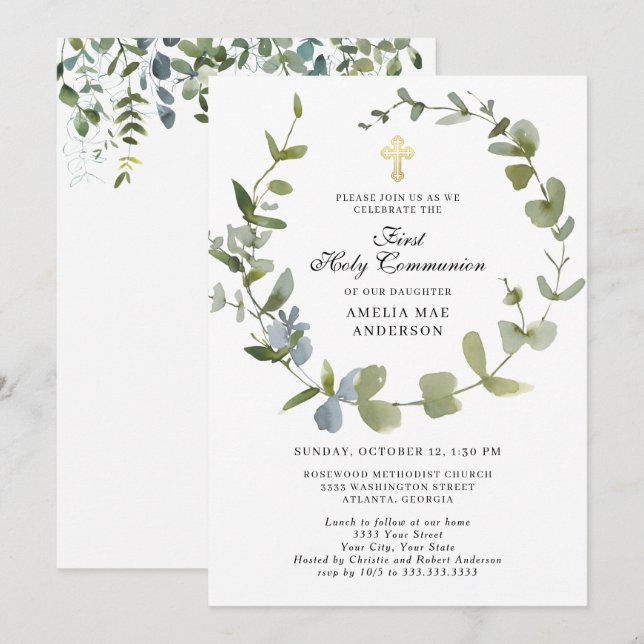 Eucalyptus Greenery Wreath Cross Holy Communion Invitation (Front/Back)