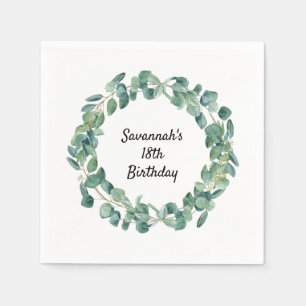 Eucalyptus greenery wreath name script birthday napkin