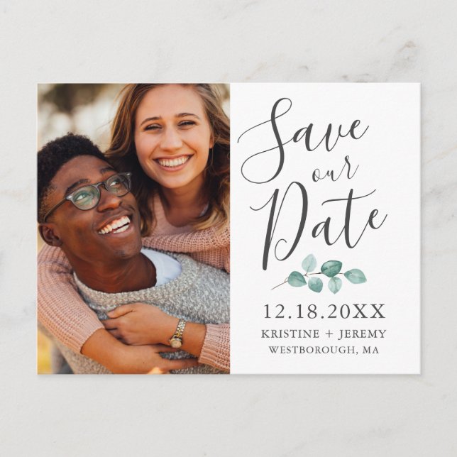 Eucalyptus Grey Script Photo Save Our Date Announcement Postcard (Front)
