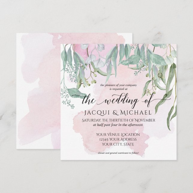Eucalyptus Grove Modern Blush Wash Foliage Wedding Invitation (Front/Back)