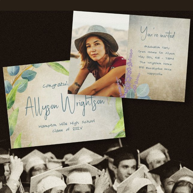 Eucalyptus Grunge Photo Graduation Party Invitation (Creator Uploaded)