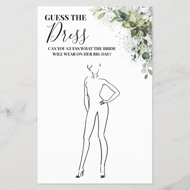 Eucalyptus Guess the Dress Bridal Shower game Card (Front)