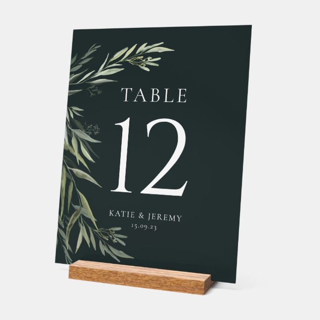 Eucalyptus Gum Leaves Greenery Table Number Acrylic Sign (Angle)