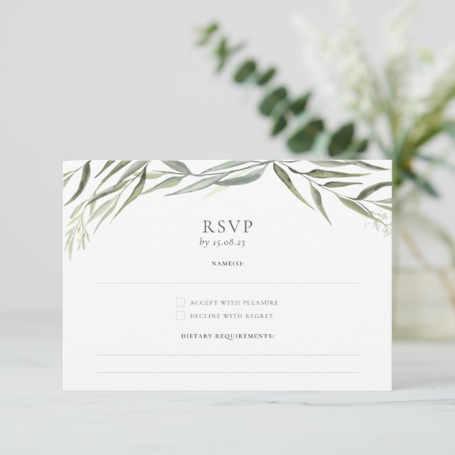 Eucalyptus Gum Leaves Greenery Wedding RSVP Card (Standing Front)