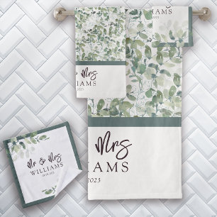 Eucalyptus Hand Lettered Mr & Mrs Monogram Bath Towel Set