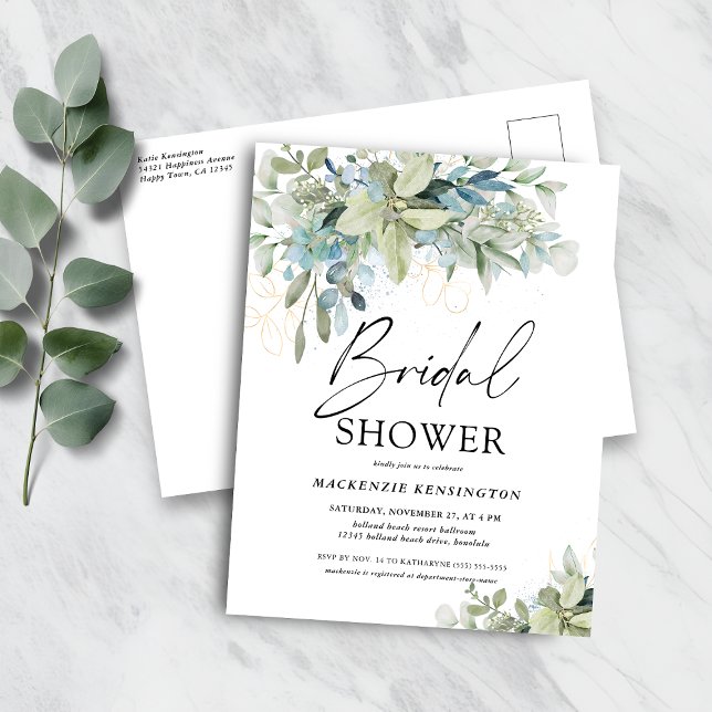 Eucalyptus Handwritten Script Bridal Shower Invitation Postcard (Eucalyptus Handwritten Script Bridal Shower Invitation Postcard)