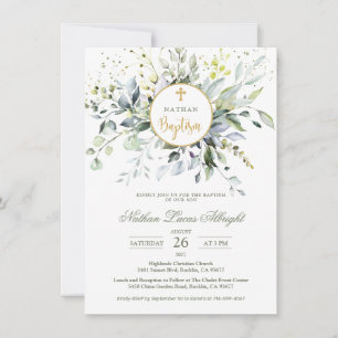 Eucalyptus Herbal Cross Baby Baptism Invitation