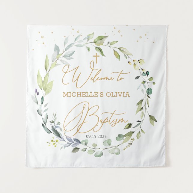 Eucalyptus Herbal Cross Baby Baptism Tapestry (Front)