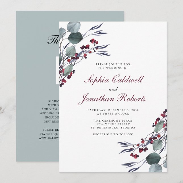 Eucalyptus Holly Berries QR Code RSVP Wedding Invitation (Front/Back)