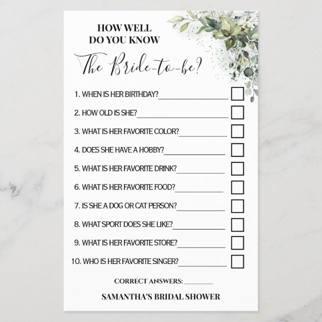 Eucalyptus How well do you know Bride Game card (Front)