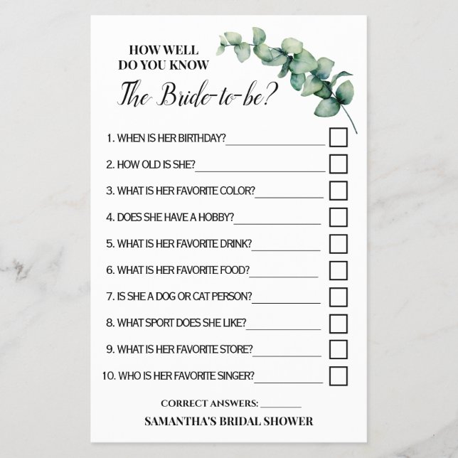 Eucalyptus How well do you know Bride Game card (Front)