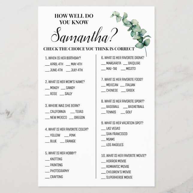 Eucalyptus How well do you know Bride Game card (Front)