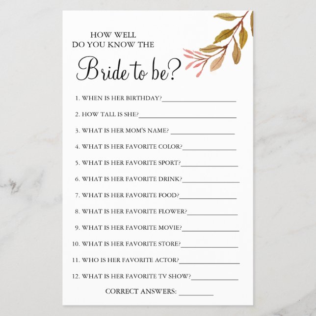Eucalyptus How well do you know bride game card (Front)