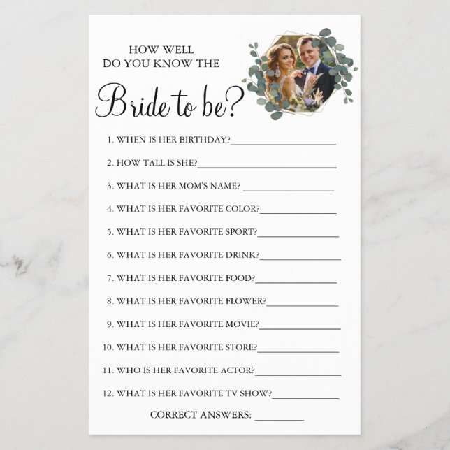 Eucalyptus How well do you know bride game card (Front)