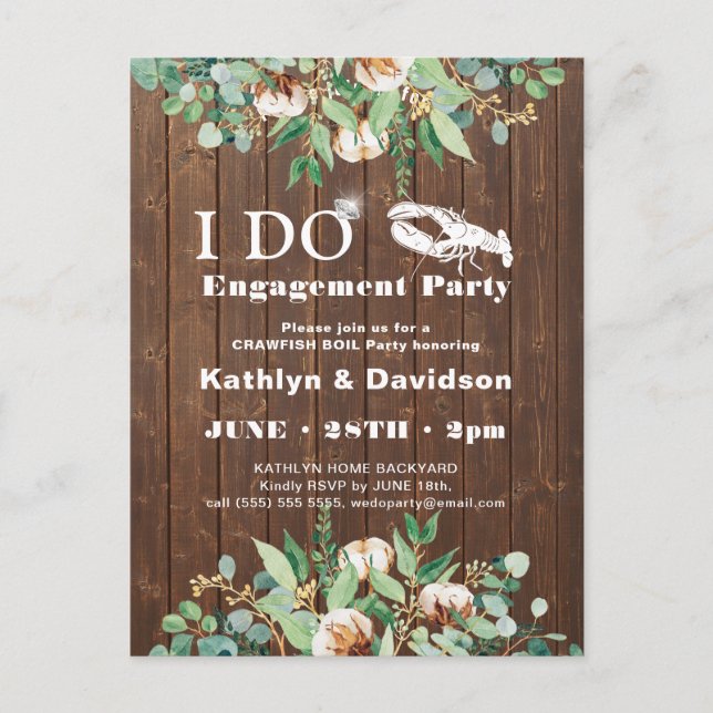 Eucalyptus I DO photo Crawfish Boil Party Invite Postcard (Front)