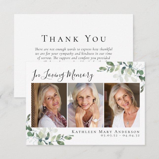 Eucalyptus In Loving Memory Photo Sympathy Thank You Card (Front/Back)