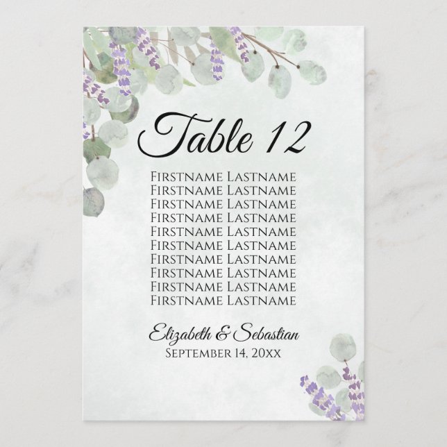Eucalyptus & Lavender 10 Name Table Card Large (Front)