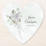 Eucalyptus & Lavender Bouquet Rustic Wedding Paper Coaster<br><div class="desc">These beautiful heart shaped paper coasters feature a beautiful hand painted watercolor design with a rustic bouquet in shades of eucalyptus leaves and lavender flowers in shades of light purple and sage green. The elegant yet simple boho chic design includes the names of the couple in fancy script lettering as...</div>