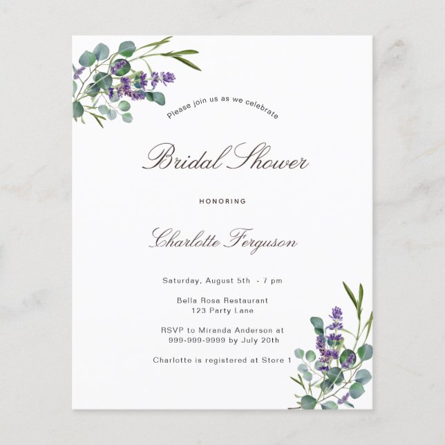 Eucalyptus lavender bridal shower budget flyer (Front)
