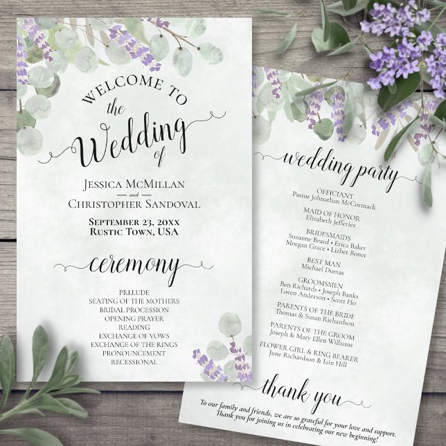 Eucalyptus & Lavender Budget Wedding Program (Front and Back)