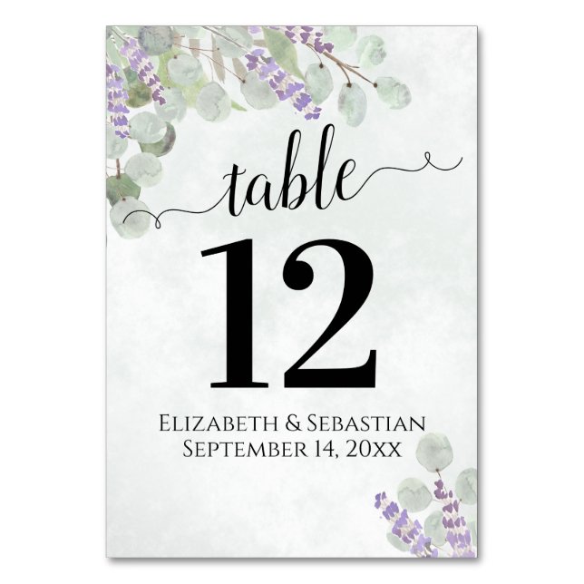 Eucalyptus & Lavender Elegant Boho Wedding Table Number (Front)