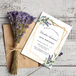 Eucalyptus lavender floral geometric birthday invitation<br><div class="desc">A stylish white background on the front. Decorated with eucalyptus and lavender florals. A faux gold geometric frame. Personalize and add a name and details.
Back: green grey coloured background.</div>